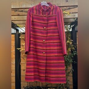 Vintage Woven Striped Long Trench Coat Red Pink Purple Aztec Southwest sz 10 L